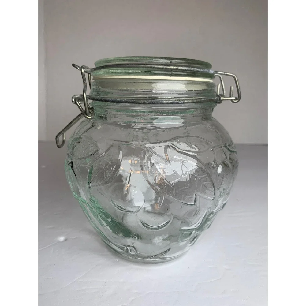 Vintage 70s Green Tint Glass Jar Embossed Fruit Pattern Wire Bail Hermetic‎ Lid